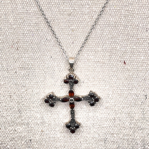 Sterling Silver Garnet Cross Pendant Necklace - Picture 2 of 13